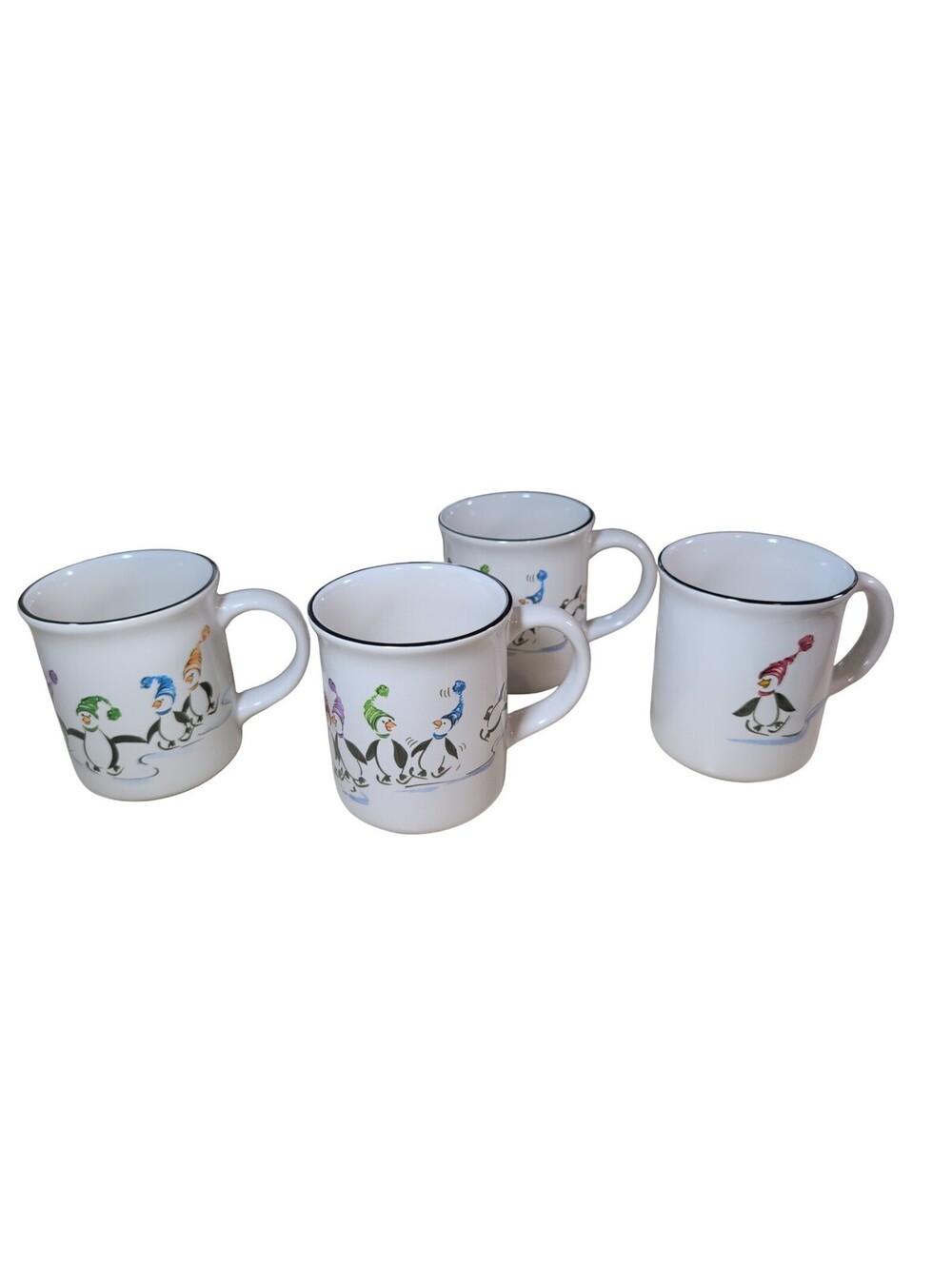 Set Of 4 Pfaltzgraff Penguin Skate Stoneware Coffee Mugs 3 Match 1 Lone Penguin